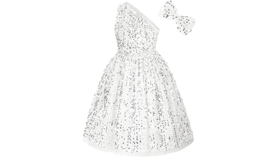 Girls Sequin Dress One Shoulder Sparkle Party Dress with Hair Bow