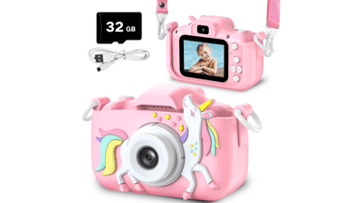 Goopow Kids Camera Toys for Girls, Children Digital Video Camcorder with Unicorn Silicone Cover - Best Christmas Birthday Festival Gift - 32G SD Card Included