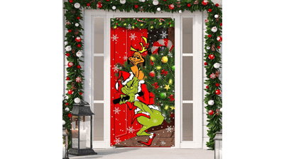 Grinch Christmas Decorations Door Cover - Merry Grinchmas - 6 X 3ft - Black Buffalo Grid Flag Photography Banner - Winter Holiday Home Kitchen