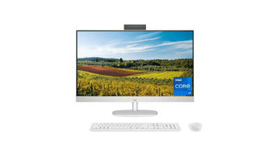 HP 27 inch All-in-One Desktop PC, FHD Display, Intel Core i7-1355U, 12 GB RAM, 512 GB SSD, Iris Xe Graphics, Windows 11 Pro, Black