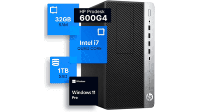 HP ProDesk 600G4 Tower Desktop Computer - Intel i7-8700 - 32GB DDR4 RAM - 1TB SSD Solid State - Wi-Fi 5G + Bluetooth - Windows 11 Professional - Home or Office PC (Renewed)