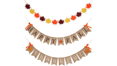 Happy Fall Banner Thankful Give Thanks and Felt Fall Leaves Garland for Thanksgiving Decoration