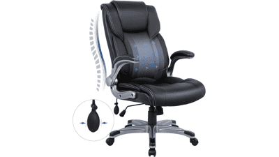High Back Executive Office Chair - Ergonomic Home Computer Desk Leather Chair with Flip-up Arms, Adjustable Tilt Lock, Swivel Rolling - Black