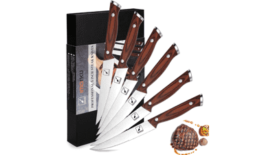 Imarku Serrated Steak Knives Set of 6 with Pakka Wooden Handle - Japanese High Carbon Stainless Steel