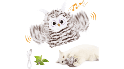 Interactive Cat Toy Rechargeable Chirping Owl with Catnip, Auto Beating Wings Flying Bird Toys for Indoor Cats