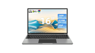 Jumper 16 Inch Laptop Computer, Intel N100 CPU, 16GB RAM 512GB ROM, 1200P FHD IPS Display, 38WH Battery, Cooling System, WiFi, BT4.0, USB3.0