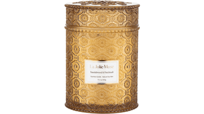 LA JOLIE MUSE Sandalwood Candles - Wood Wick, Patchouli & Soy - Large Scented Candle for Home - Gift for Women & Men
