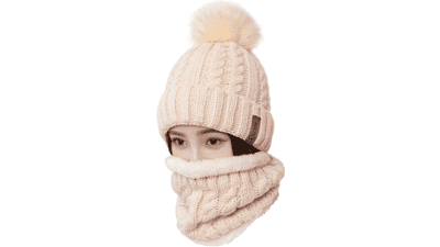 LCZTN Pom Beanie Hat Scarf Set - Cute Winter Ski Hat with Fleece Lining