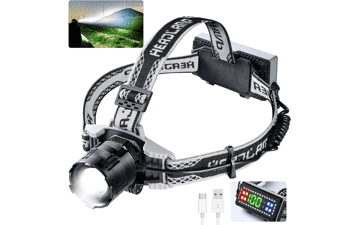 LED Rechargeable Headlamp - Super Bright 100000 Lumens, XHP160, 4 Modes, USB Zoomable, Digital Power Display, IPX6 Waterproof, Warning Light - Ideal for Camping, Running, Cycling, Fishing