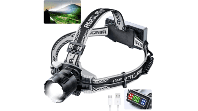 LED Rechargeable Headlamp - Super Bright 100000 Lumens, XHP160, 4 Modes, USB Zoomable, Digital Power Display, IPX6 Waterproof, Warning Light - Ideal for Camping, Running, Cycling, Fishing