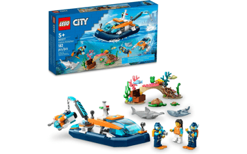 LEGO City Explorer Diving Boat 60377 Ocean Building Toy with Coral Reef Setting, Mini-Submarine, 3 Minifigures, Manta Ray, Shark, Crab, Fish, and Turtle Figures