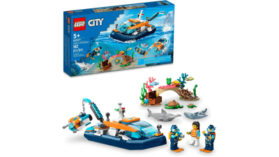 LEGO City Explorer Diving Boat 60377 Ocean Building Toy with Coral Reef Setting, Mini-Submarine, 3 Minifigures, Manta Ray, Shark, Crab, Fish, and Turtle Figures