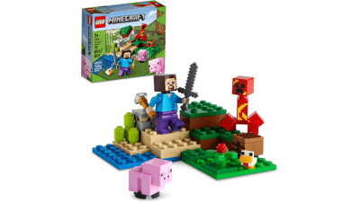 LEGO Minecraft Creeper Ambush Building Toy 21177 - Pretend Play Zombie Battle, Gift for Kids Age 7+ - Ore Mining and Animal Care with Steve, Baby Pig & Chicken Minifigures