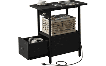 LIDYUK End Table with Charging Station, Narrow Side Table with Drawer, USB Ports & Power Outlets, Black