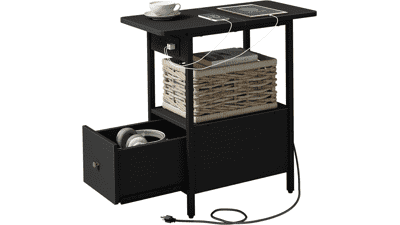 LIDYUK End Table with Charging Station, Narrow Side Table with Drawer, USB Ports & Power Outlets, Black