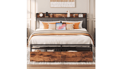 LIKIMIO Queen Bed Frame with Storage Headboard and Charging Station, Platform Bed with Drawers - Vintage Brown and Gray
