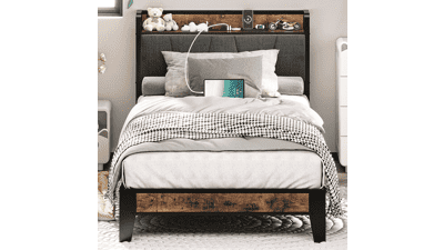 LIKIMIO Twin Bed Frames with Storage Headboard and Charging Station