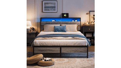 LINSY Full Size Bed Frame with Ergonomic Headboard, RGB Lights, Outlets & Charger, Fast Assembly, Storage, No Box Spring Needed - Greige