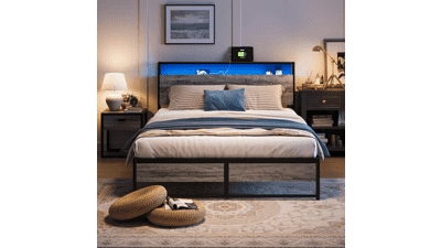LINSY Queen Bed Frame with Ergonomic Headboard, Platform Metal Bed Frame with RGB Lights, Outlets & Charger, Fast Assembly Bed Queen Size with Storage, No Box Spring Needed