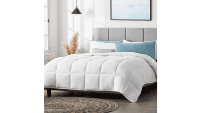 LUCID All-Season Microfiber Comforter - Hypoallergenic - Box Stitched - 8 Duvet Loops - 300 GSM, White, Oversized King