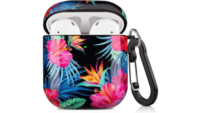 Lokigo Hawaiian AirPods Case - Protective Cover for Apple AirPods 2 and 1 - Hard Case Kit with Keychain, Strap, Earhooks, and Watch Band Holder - Tropical Blue Flower Design - Ideal for Girls, Women, and Men