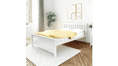 Max & Lily Full Size Bed Frame with Slatted Headboard, Solid Wood Platform Bed for Kids, Easy Assembly - White
