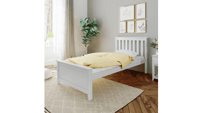 Max & Lily Twin Bed Frame with Slatted Headboard, Solid Wood Platform Bed for Kids, Easy Assembly - White
