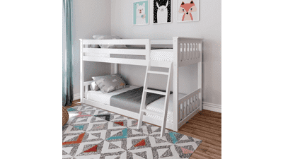 Max & Lily Twin Over Twin Low Bunk Bed with Ladder - Wooden Bunk Beds for Kids, Boys, Girls, Teens - White
