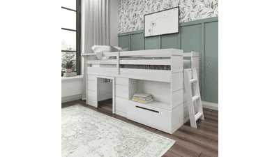 Max & Lily Twin Size Loft Bed with Storage Drawer and Ladder - Modern Farmhouse Loft Bed for Kids - White Wash