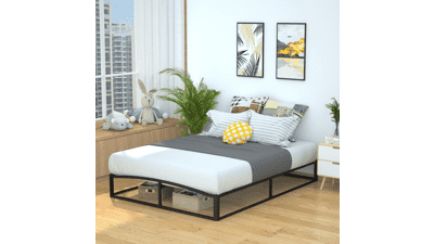 Metal Platform Bed Frame with Wood Slat Support - 10 Inches High - Queen Size - Black