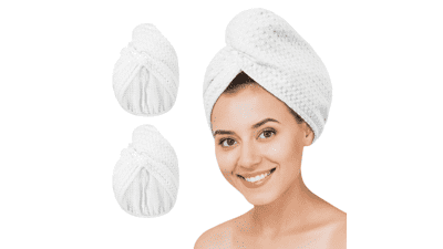 Microfiber Hair Drying Towel - 2Packs Waffle Long Hair Head Turban Wraps Terry Cloth Fast Absorbent Dry Anti Frizz Twist Plopping Curly Shower Turban for Women Wet Hair