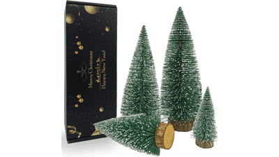 Miniature Christmas Trees with Snow and Wood Base - Xmas Holiday Party Home Tabletop Decor