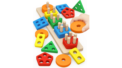 Montessori Toys for 1-3 Year Olds, Wooden Sorting & Stacking Toys, Educational Color Recognition Shape Sorter, Learning Puzzles Gift