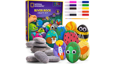 NATIONAL GEOGRAPHIC Rock Painting Kit for Kids - Paint & Decorate 15 River Rocks with 10 Colors & More Art Supplies - Outdoor Toys for Girls and Boys