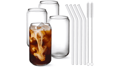 NETANY Drinking Glasses with Glass Straw Set - 16oz Can Shaped Cups for Beer, Iced Coffee, Whiskey, Soda, Tea, Water - Gift