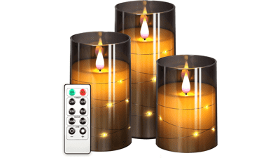 NURADA Flameless Candles with Star String Lights - Unbreakable 3D Wick - Battery Operated LED Pillar Candles with Remote and Timer - 3 Pack Gray 4''x5''x6