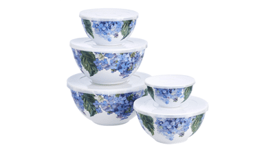 Nesting Melamine Mixing Bowl With Lid And Non-Slip Base, Set Of 10, Hydrangea Floral