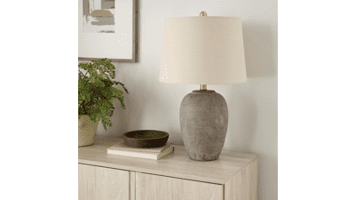 Nourison 23" Earth Brown Rustic Ceramic Jar Table Lamp with Beige Tapered Drum Shade