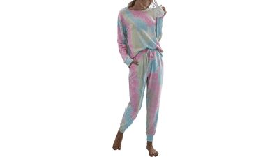 PRETTYGARDEN Tie Dye Two Piece Pajamas Set - Casual Long Sleeve Sweatshirt with Long Pants