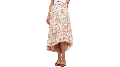PRETTYGARDEN Women's Floral Print Midi Skirt - Boho Elastic High Waist Long Skirt for Women