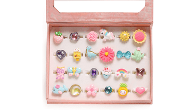 PinkSheep Little Girl Jewel Rings in Box - Adjustable, No Duplication - Pretend Play and Dress Up Rings (24 Lovely Ring)