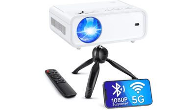 Portable Mini Projector with 5G WiFi and Bluetooth, ACROJOY Native 1080P Movie Projector with Tripod & 240" Display