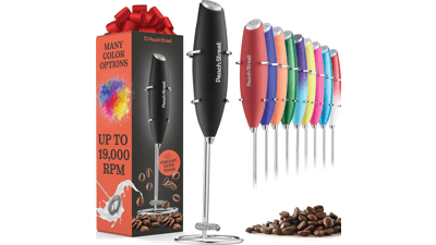 Powerful Handheld Milk Frother - Mini Milk Frother - Battery Operated - Stainless Steel Drink Mixer - Milk Frother Stand for Coffee, Lattes, Cappuccino, Frappe, Matcha, Hot Chocolate
