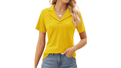 Rapbin Women's Polo Shirts - Lapel Collar V Neck Short Sleeve Blouse - Dressy Casual Tunic Tops