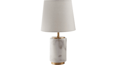Rivet Mid Century Modern Marble and Brass Table Decor Lamp With LED Light Bulb - 14 Inches, White