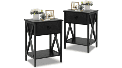 Rustic Bedroom Night Stands with Drawer Storage, Set of 2, Classic Black