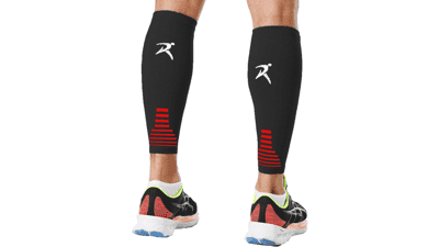 Rymora Leg Compression Sleeve - Calf Support for Men and Women - Pain Relief - Footless Socks for Fitness, Running, and Shin Splints - Black, Medium (One Pair)