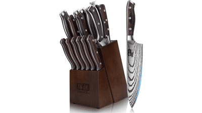 SHAN ZU 16 pcs Knife Set - Japanese Kitchen Knives with Block - High Carbon Stainless Steel - Ultra Sharp - Professional Chef Knife Set with Sharpener