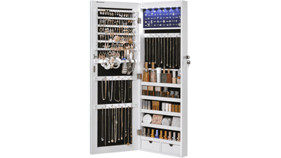 SONGMICS Hanging Jewelry Cabinet with LED Lights, Door-Mounted Organizer & Full-Length Mirror - White