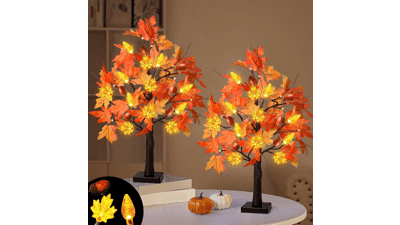 SURCVIO Thanksgiving 24 Inch Prelit Maple Tree Decorations with 48 LEDs Battery Operated Pinecones Acorns Artificial Autumn Maple Tree
